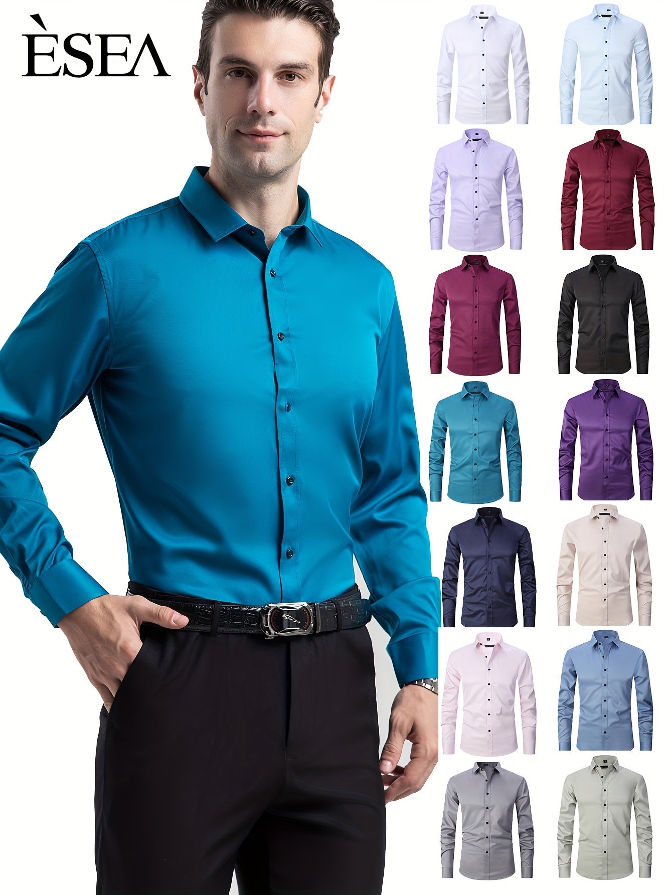 男士修身彈性正裝襯衫，輕薄商務翻領長袖襯衫，男士商務襯衫抗皺耐用純色正裝長袖襯衫，帶紐帶和口袋，適合工作、通勤、約會