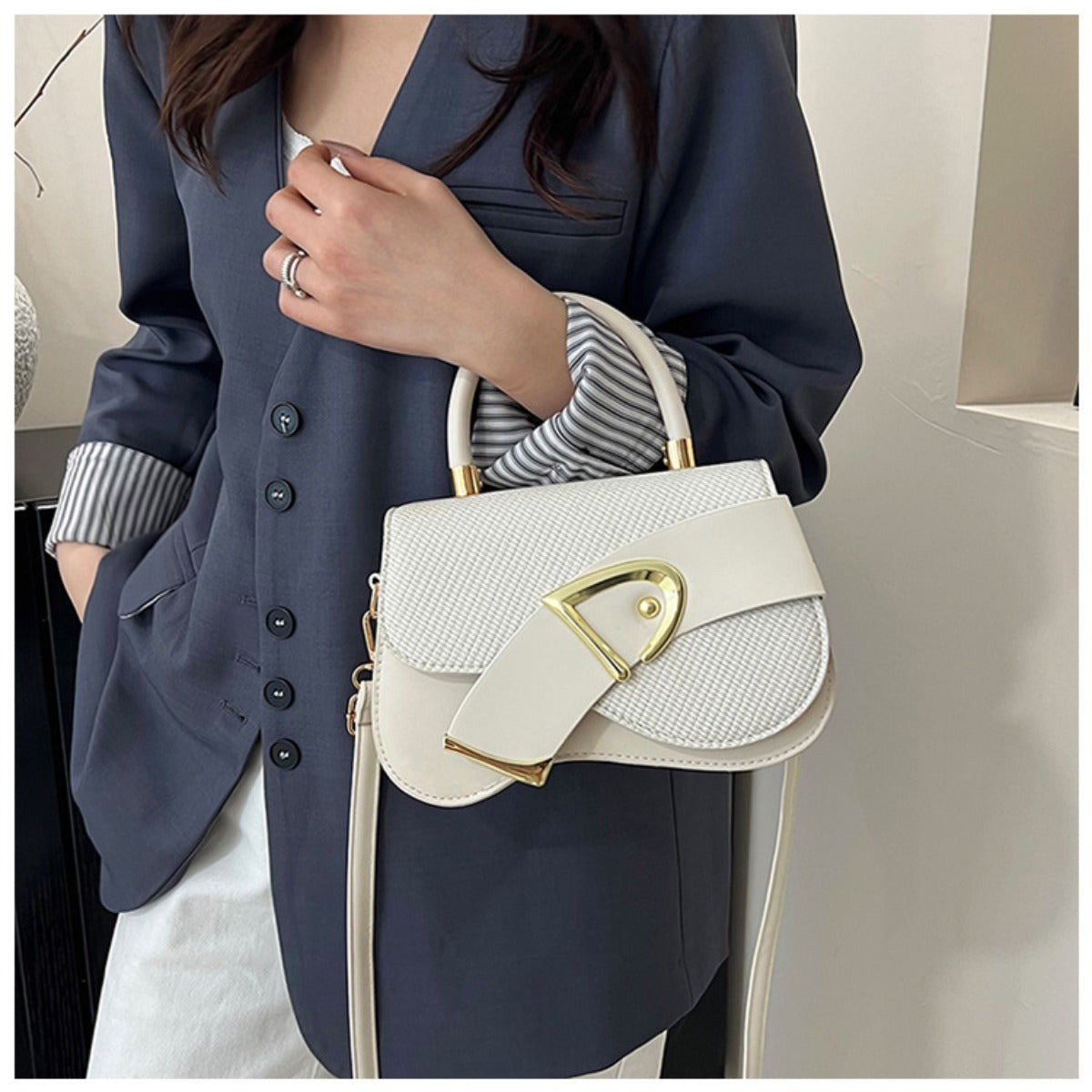 Women's Crossbody Bag - Gold Lock, Compact, Luxurious