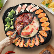Nồi lẩu hai ngăn, bên quanh là tôm, bông cải, cuộn thịt nấm, và cá hồi.