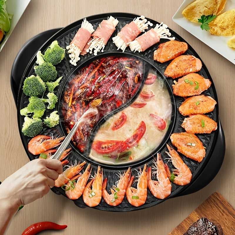 Nồi lẩu hai ngăn, bên quanh là tôm, bông cải, cuộn thịt nấm, và cá hồi.