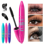 Ba tuýp mascara màu xanh, hồng, tím, chải mi đen; ba ảnh mắt có mi dài cong.