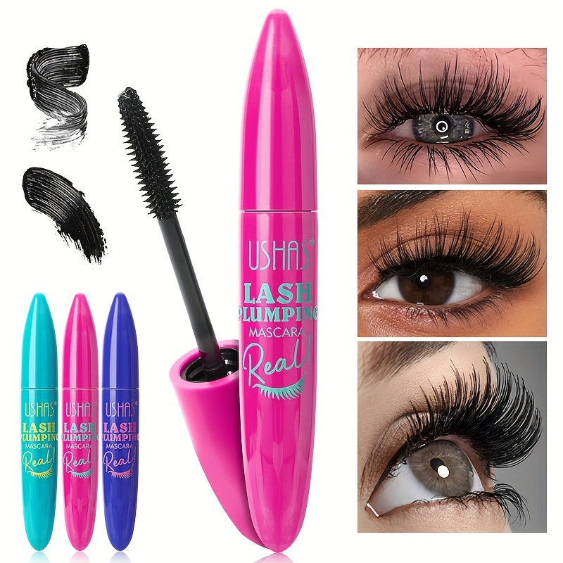 Ba tuýp mascara màu xanh, hồng, tím, chải mi đen; ba ảnh mắt có mi dài cong.