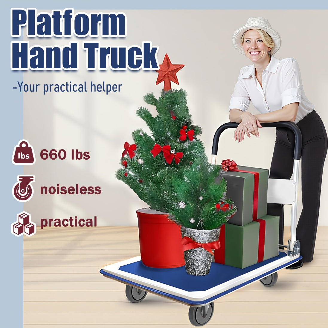 A Foldable Platform Hand Truck With High Load-bearing Capacity, Crafted From Carbon Steel, Features Two 360° Silent Swivel Wheels And Two Fixed Silent Wheels For Easy Transportation Of Boxes, Furniture, And Appliances. Ideal