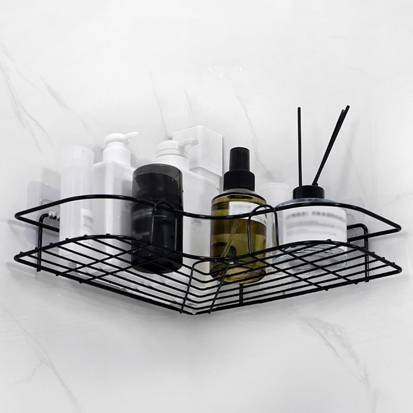 [Cast Iron Shower Shelf] 1pc Cast Iron Corner Shower Shelf - No-Drill Wall Mounted Black Wire Mesh Bathroom Storage Rack for Easy Access & Organization, Perfect for Shampoo, Conditioner, and Soap, Bathroom Storage Solution | - Daisan Mart