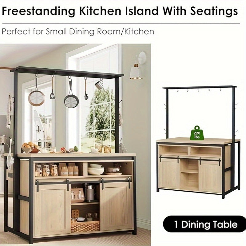 42 Multi-Function Kitchen Island with Sliding Door and 3-Tier Shelves