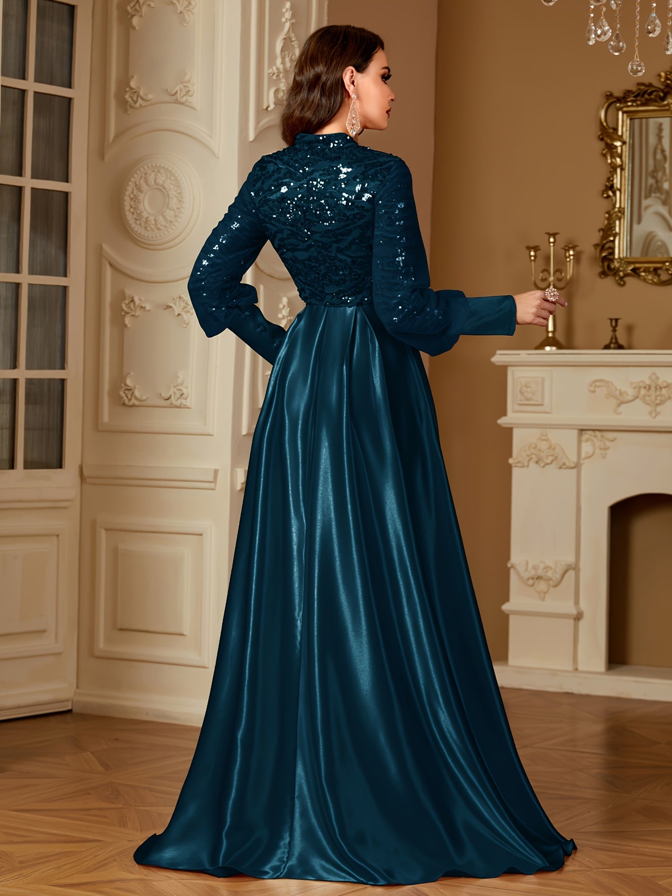 XUIBOL Women's Elegant Long Sleeve Satin Evening Gown - Waist-Cinching Slim Fit A-Line Dress with Sparkling Pearl & Sequin Embellishments, Round Neck Floor-Length Formal Party Dress for Weddings & Galas - Daisan Mart
