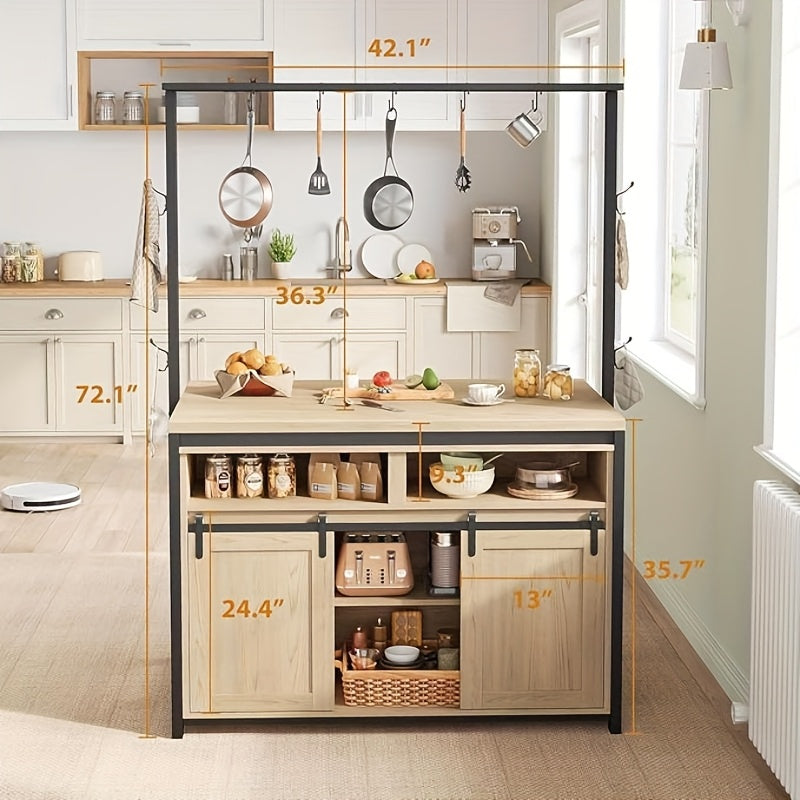 42 Multi-Function Kitchen Island with Sliding Door and 3-Tier Shelves