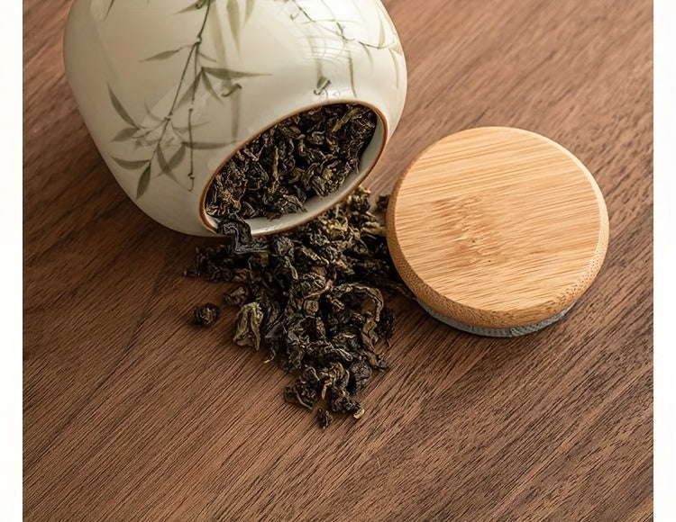 [High-Grade Pu'Er Green Tea Jar] Emerald Green Asparagus Fern Tea Jar Sealed Jar Ceramic Tea Container Moisture-Proof Chinese High-Grade Pu'Er Green Tea Warehouse