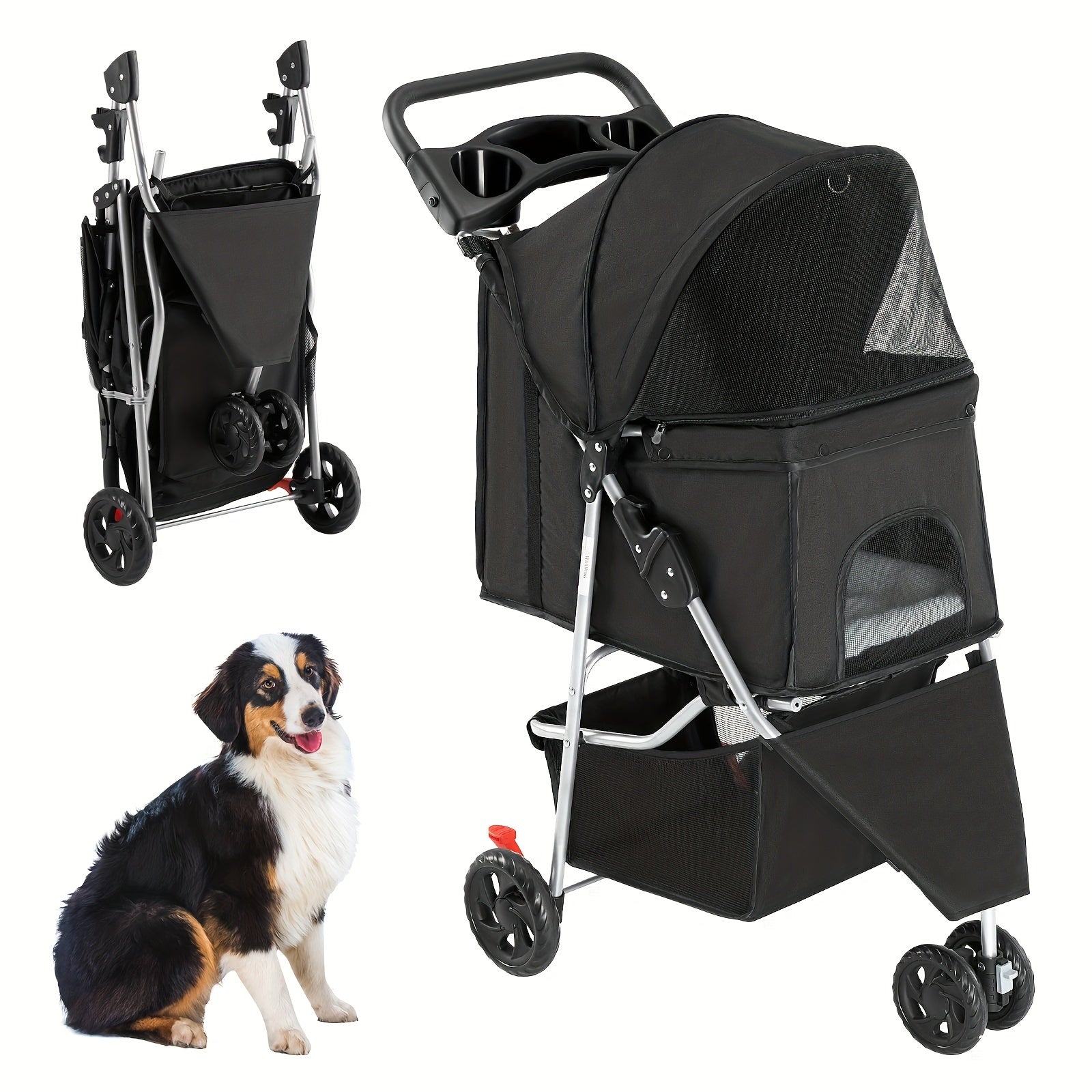 3 Wheels Pet Stroller, Foldable Dog Cat Cage Jogger Stroller With Weather Cover For All-Season, Storage Basket And Cup Holder, Breathable And Visible Mesh For Small/Medium Pets