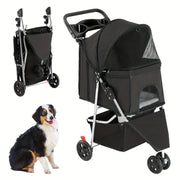 3 Wheels Pet Stroller, Foldable Dog Cat Cage Jogger Stroller With Weather Cover For All-Season, Storage Basket And Cup Holder, Breathable And Visible Mesh For Small/Medium Pets
