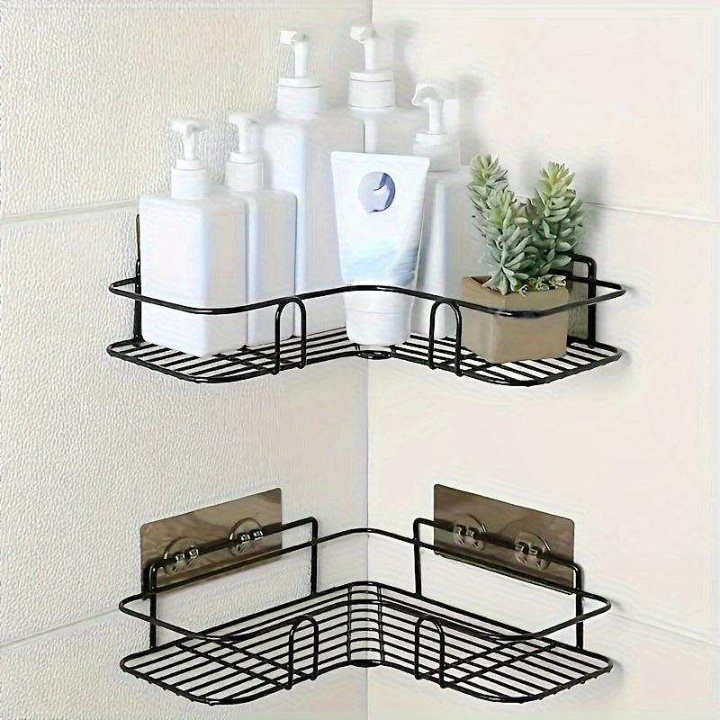 [Cast Iron Shower Shelf] 1pc Cast Iron Corner Shower Shelf - No-Drill Wall Mounted Black Wire Mesh Bathroom Storage Rack for Easy Access & Organization, Perfect for Shampoo, Conditioner, and Soap, Bathroom Storage Solution | - Daisan Mart