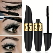 Mascara đen với nắp vàng, hình ảnh mắt và cọ chuốt mi.