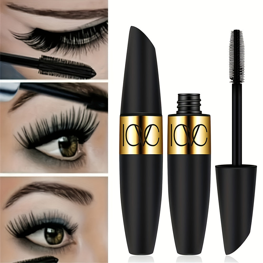 Mascara đen với nắp vàng, hình ảnh mắt và cọ chuốt mi.