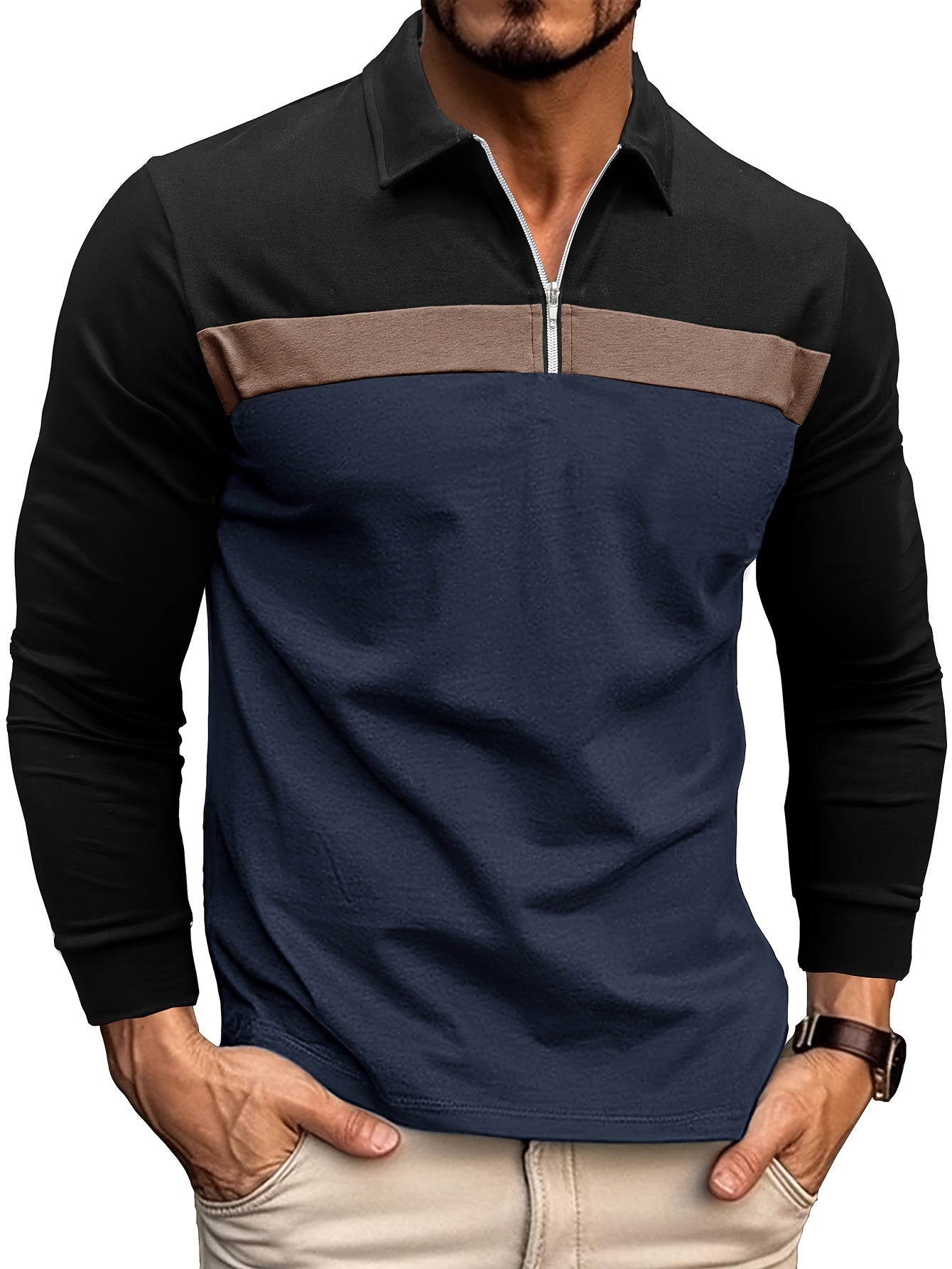 Men's Solid Color Stretchy Zipper Long Sleeve Shirt