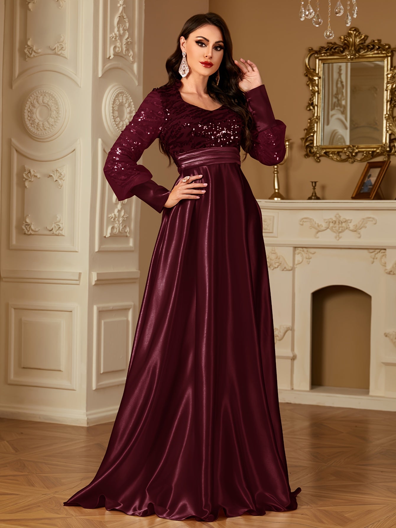 XUIBOL Women's Elegant Long Sleeve Satin Evening Gown - Waist-Cinching Slim Fit A-Line Dress with Sparkling Pearl & Sequin Embellishments, Round Neck Floor-Length Formal Party Dress for Weddings & Galas - Daisan Mart