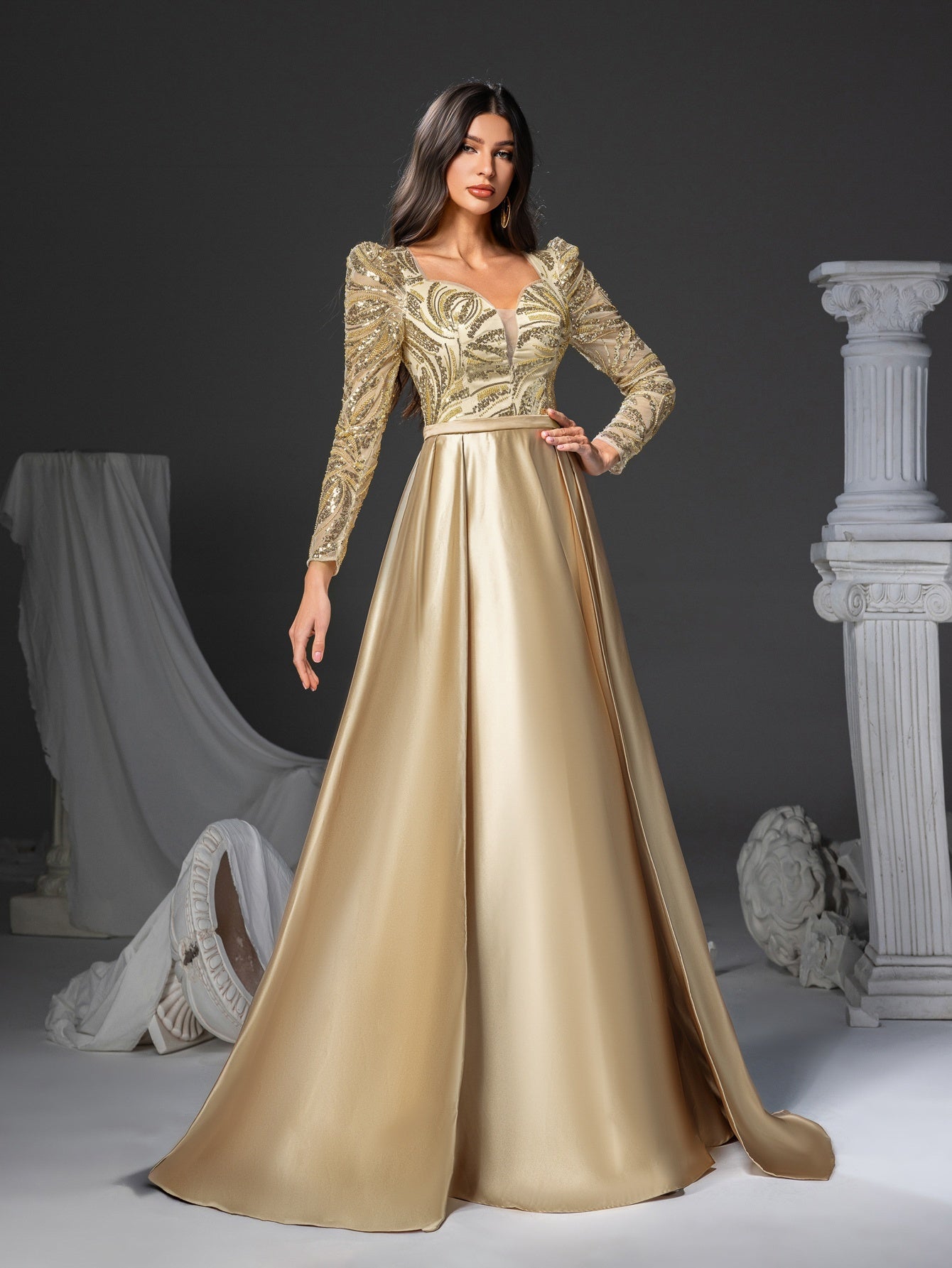 [Elegant Sequin Mermaid Dress] Elegant Sophisticated Women's Long Sleeve V-Neck Sequin Embellished Mermaid Dress with Flowy Train | Golden Formal Party Wedding Gown, Hand Wash Only, Wedding Guest Attire, Structured Bodice