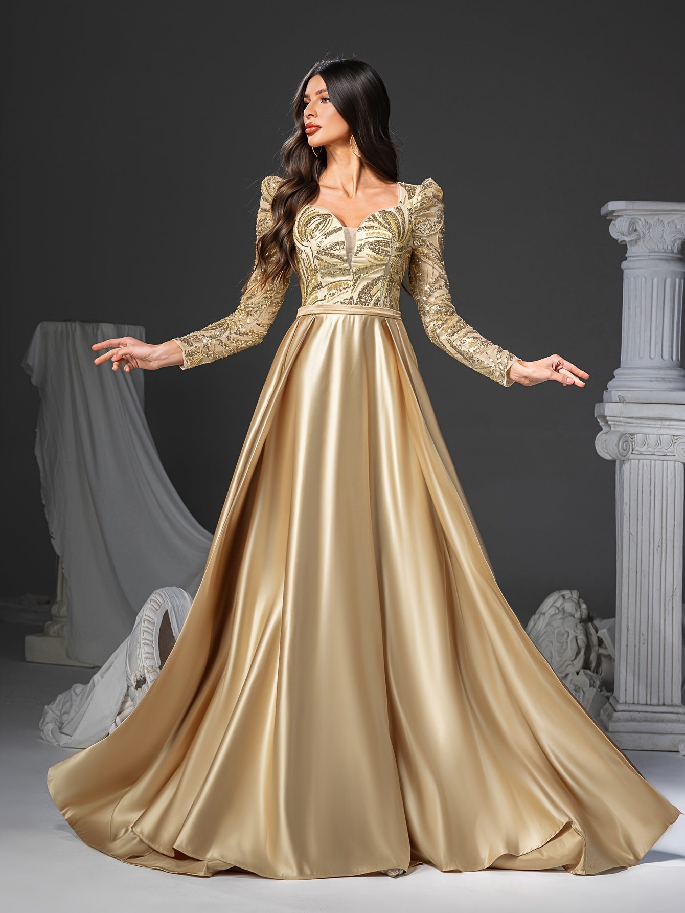 [Elegant Sequin Mermaid Dress] Elegant Sophisticated Women's Long Sleeve V-Neck Sequin Embellished Mermaid Dress with Flowy Train | Golden Formal Party Wedding Gown, Hand Wash Only, Wedding Guest Attire, Structured Bodice