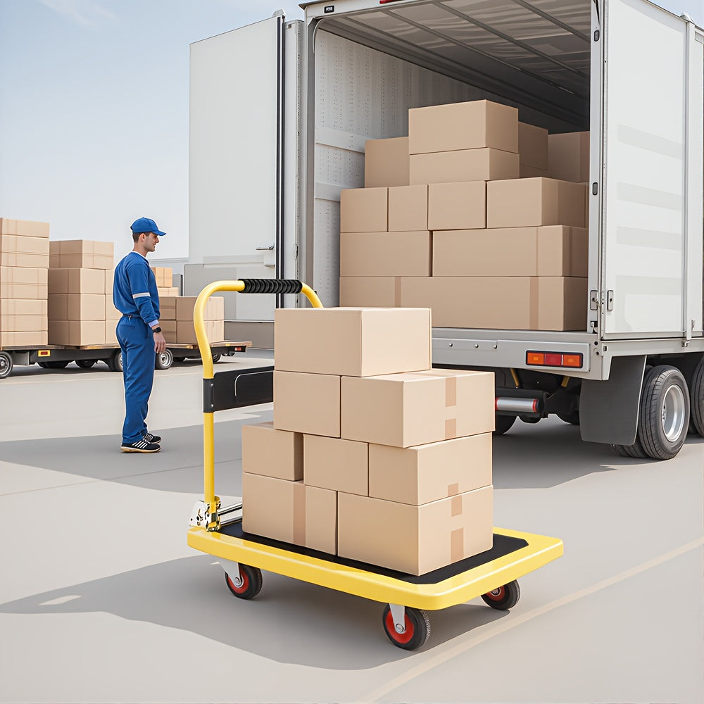 A Foldable Platform Hand Truck With High Load-bearing Capacity, Crafted From Carbon Steel, Features Two 360° Silent Swivel Wheels And Two Fixed Silent Wheels For Easy Transportation Of Boxes, Furniture, And Appliances. Ideal