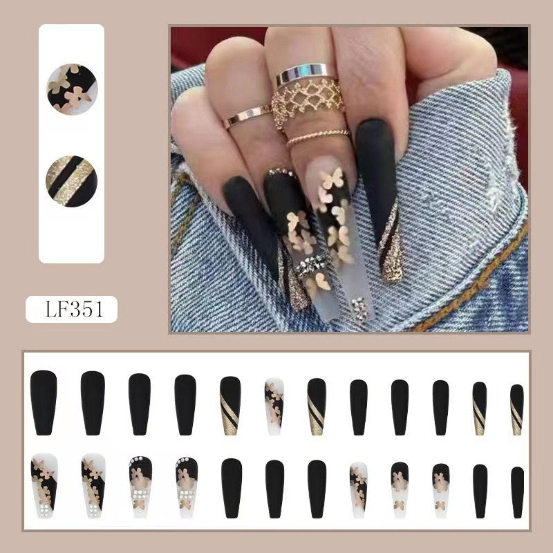 Liirches 24pcs Press on Nails Hot Golden Butterfly Fake Nail Set with Matte Golden Powder, Lightweight Design Ins Style Manicure Stickers Includes Jelly Glue + Sanding Strip