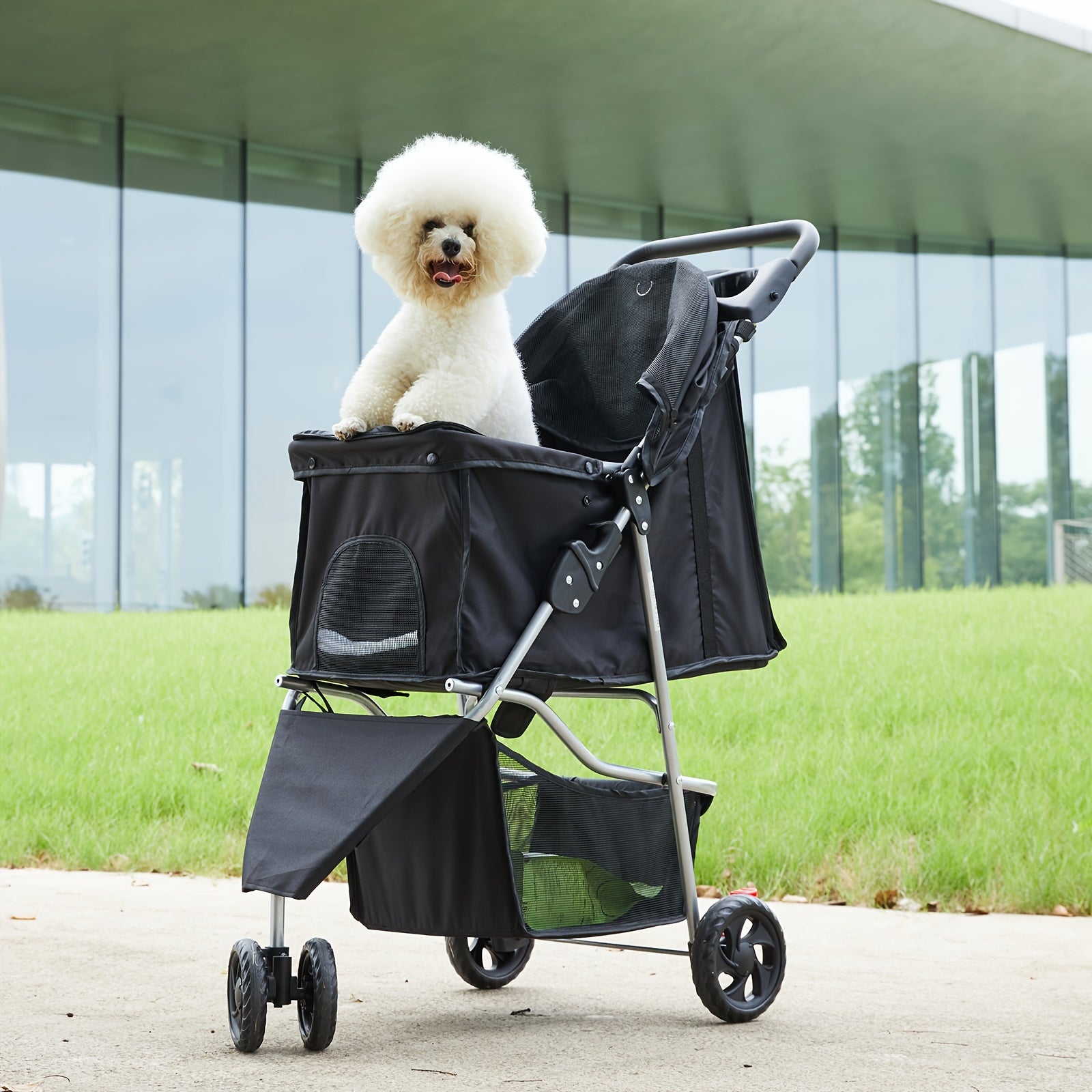 3 Wheels Pet Stroller, Foldable Dog Cat Cage Jogger Stroller With Weather Cover For All-Season, Storage Basket And Cup Holder, Breathable And Visible Mesh For Small/Medium Pets