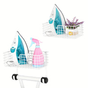 White Wall Mounted Ironing Board Hanger Holder with Storage Baskets Laundry Room Rack Wall Mount Metal Ironing Board Rack with Shelf and Basket for Laundry Room Organization and Storage with 2 Baskets