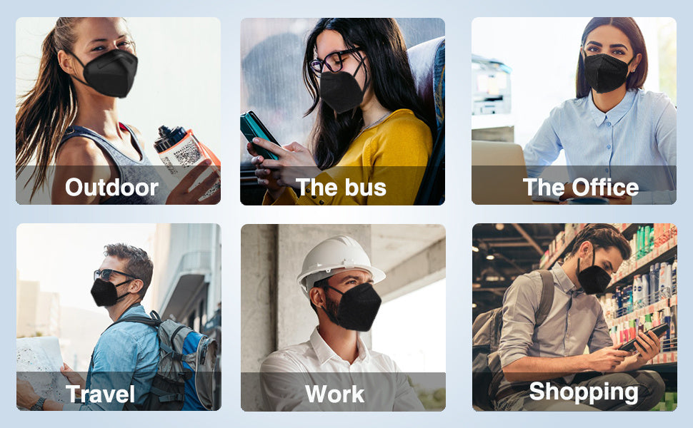 50個一包 KN95 口罩，透氣舒適，成人黑色 KN95 口罩，5層透氣安全口罩，防 PM2.5，過濾效率超過 95%