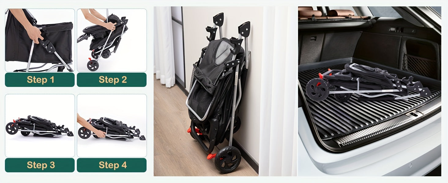 3 Wheels Pet Stroller, Foldable Dog Cat Cage Jogger Stroller With Weather Cover For All-Season, Storage Basket And Cup Holder, Breathable And Visible Mesh For Small/Medium Pets