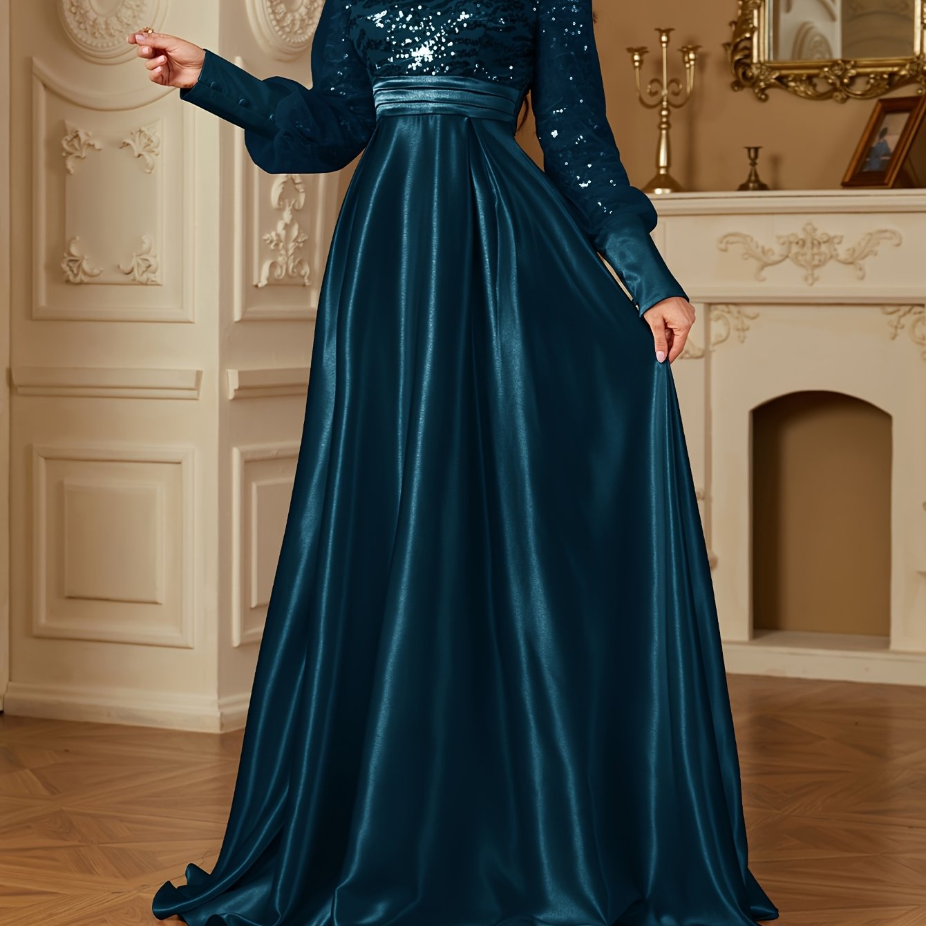 XUIBOL Women's Elegant Long Sleeve Satin Evening Gown - Waist-Cinching Slim Fit A-Line Dress with Sparkling Pearl & Sequin Embellishments, Round Neck Floor-Length Formal Party Dress for Weddings & Galas - Daisan Mart