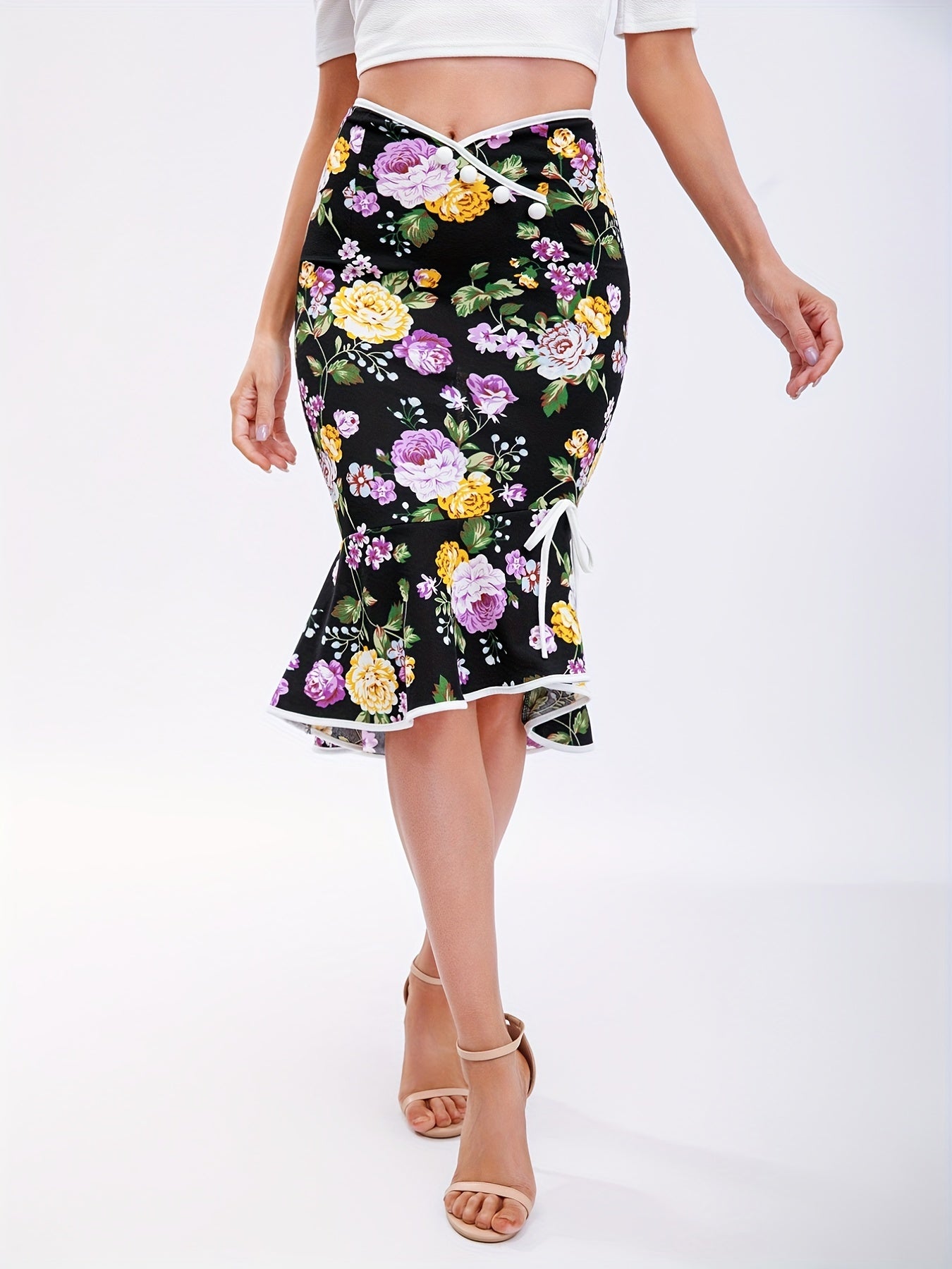 Polka Dot Bodycon Button Lace Up Skirts, Sexy Mature Fishtail Party Skirts, Women's Clothing - Daisan Mart