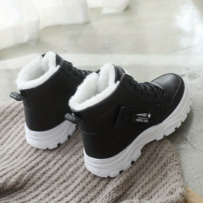 [Warm Fleece-Lined Winter Boots] Warm Fleece-Lined Women's Winter High-Top Boots - Thick Rubber Sole, Lace-Up Casual Style, White & Beige, Perfect for Cold Weather Comfort - Daisan Mart