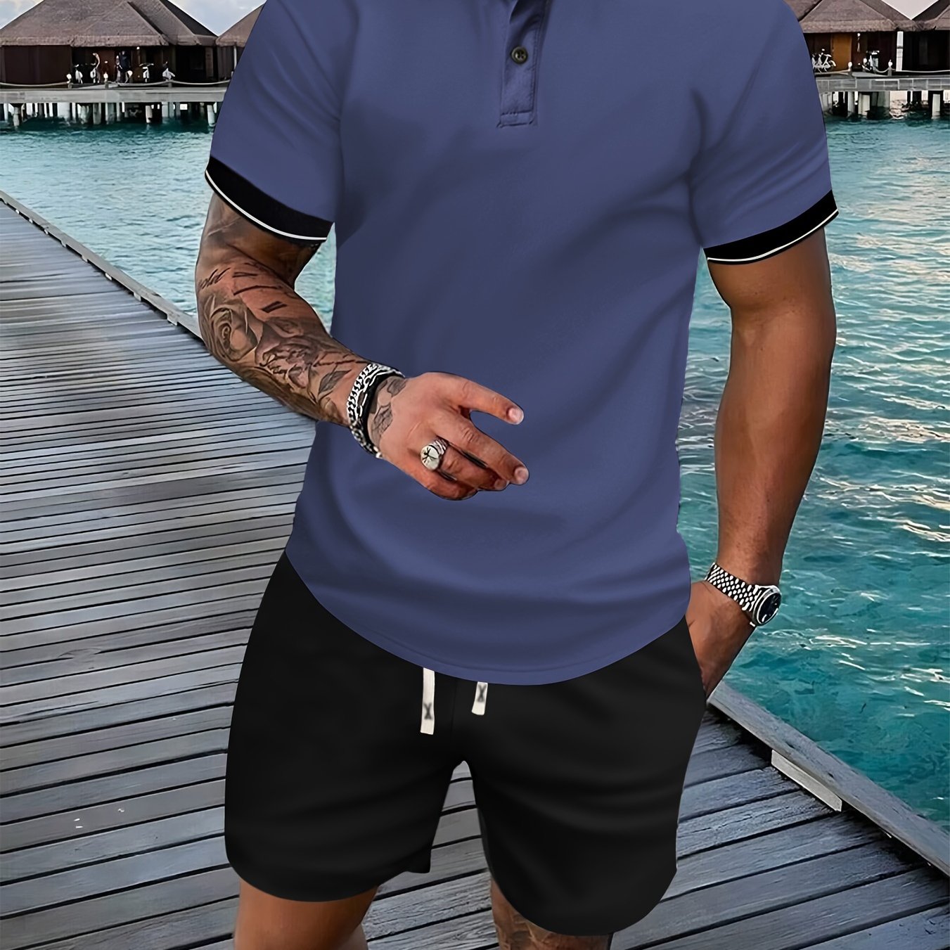 Bộ Golf Nam Hè: Áo Viền Tương Phản & Quần Dây Rút