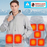 Áo khoác xám có các vùng sưởi màu đỏ, nền là núi tuyết, thông báo gói pin.