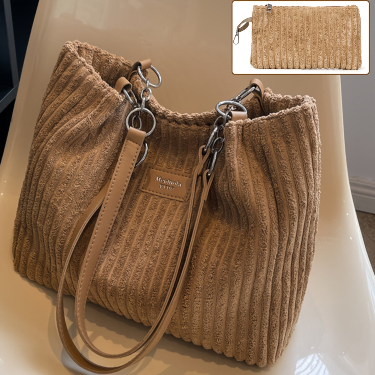 Perfect Lily Women's 2pcs Corduroy Tote & Handbag Set - Elegant Large Capacity Handbags with Zipper Closure, Fixed Strap & Polyester Lining, Beige/White/Green/Black, Versatile for Daily Commute, Work, Shopping - Durable Cordu - Daisan Mart
