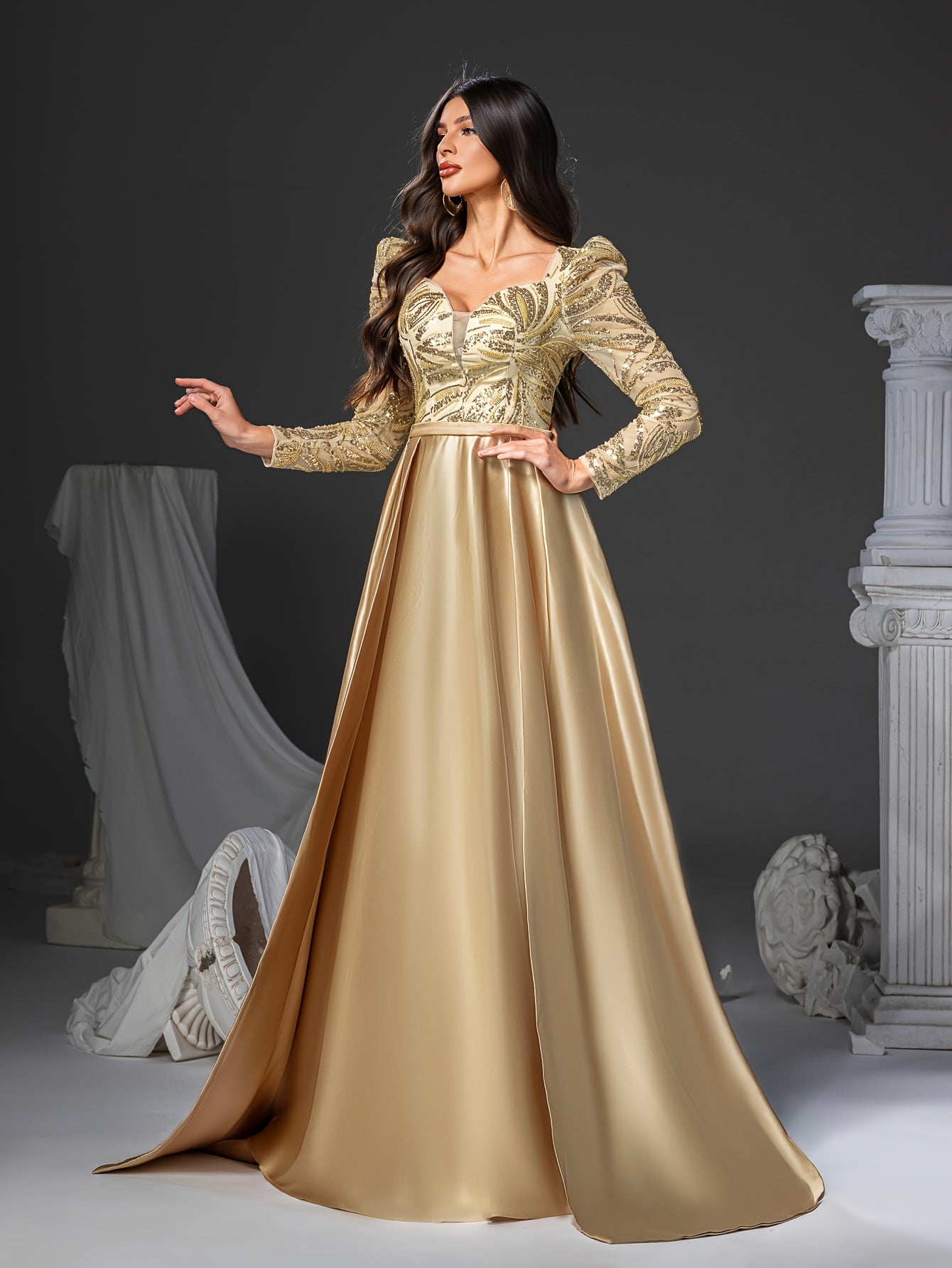 [Elegant Sequin Mermaid Dress] Elegant Sophisticated Women's Long Sleeve V-Neck Sequin Embellished Mermaid Dress with Flowy Train | Golden Formal Party Wedding Gown, Hand Wash Only, Wedding Guest Attire, Structured Bodice