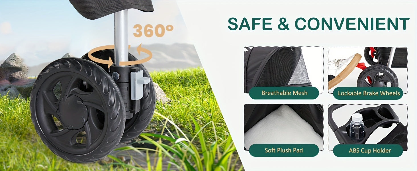 3 Wheels Pet Stroller, Foldable Dog Cat Cage Jogger Stroller With Weather Cover For All-Season, Storage Basket And Cup Holder, Breathable And Visible Mesh For Small/Medium Pets