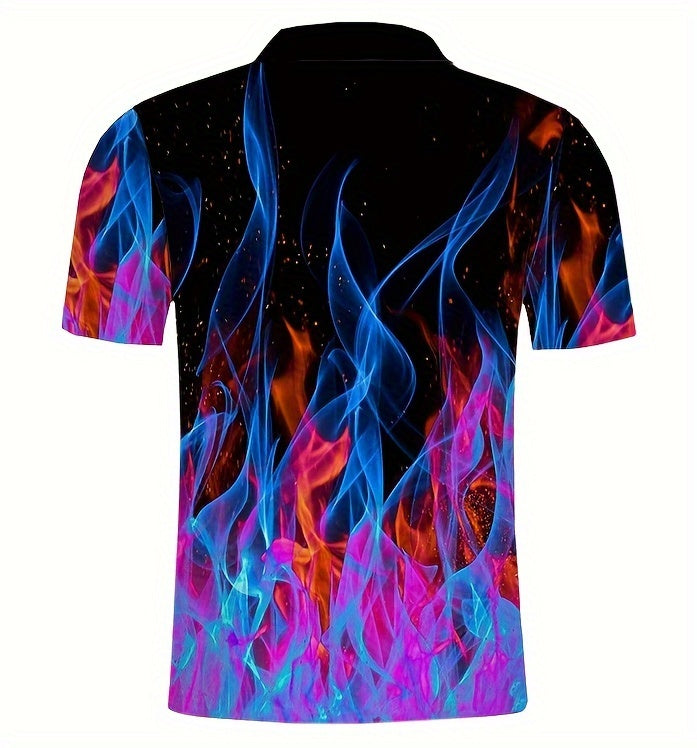 Big Size Golf Shirt 3D Printed Fire Pattern - Light Stretch, Breathable Fabric