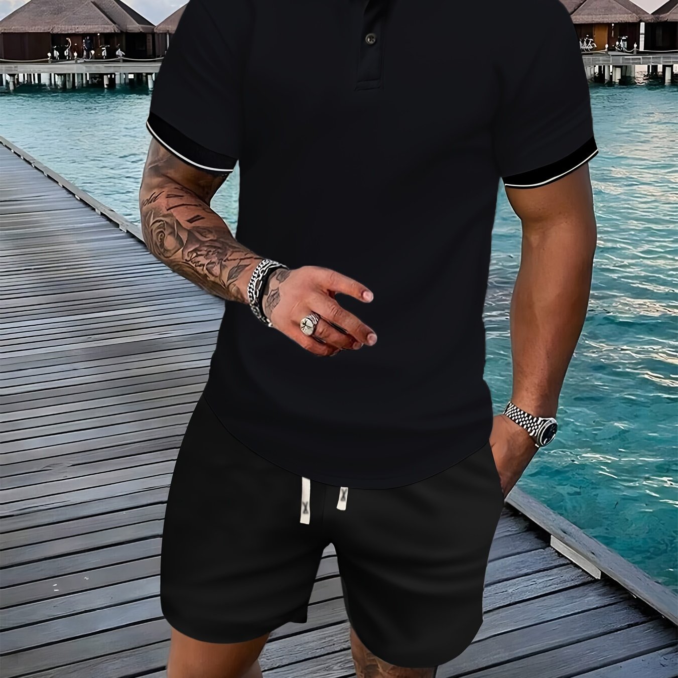 Bộ Golf Nam Hè: Áo Viền Tương Phản & Quần Dây Rút