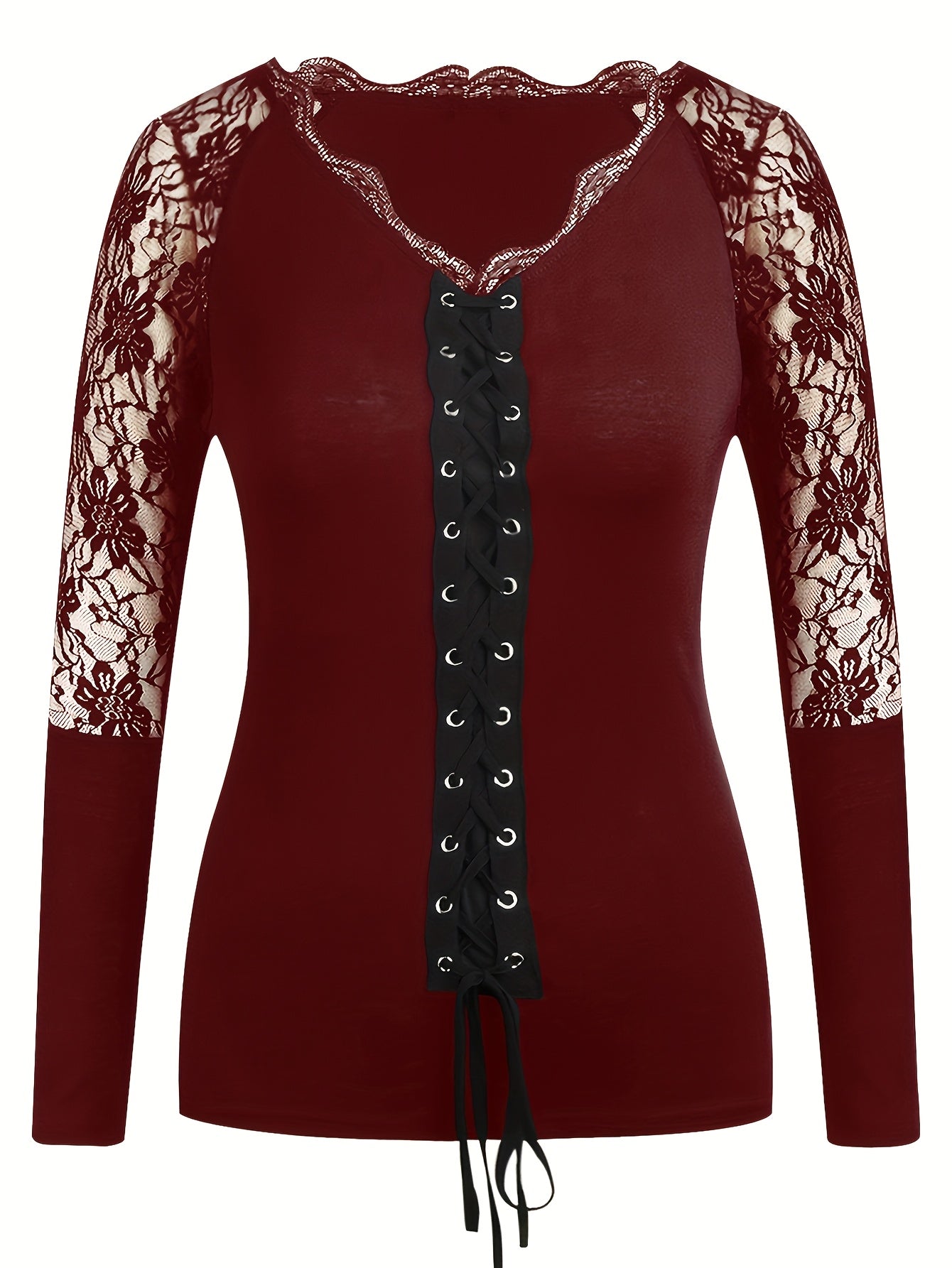 [Sexy Blouse] Sexy V Neck Lace Long Sleeve Blouse Tops | Womens Gothic Casual US - Daisan Mart
