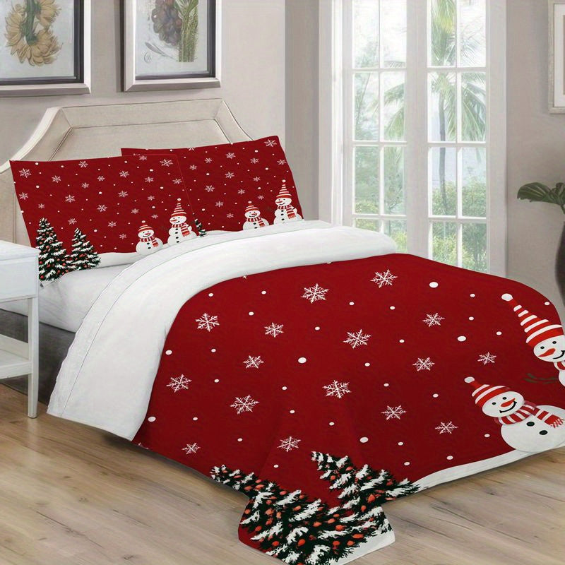 3pcs Christmas Bedding Snowman Pine Tree Pattern, Winter Holiday Red Duvet Cover, Festive Snowflake Design, Comfortable Home Bedroom Guest Room Supplies, Soft Microfiber Fabric, (1 + 2 Pillow Covers) - Daisan Mart