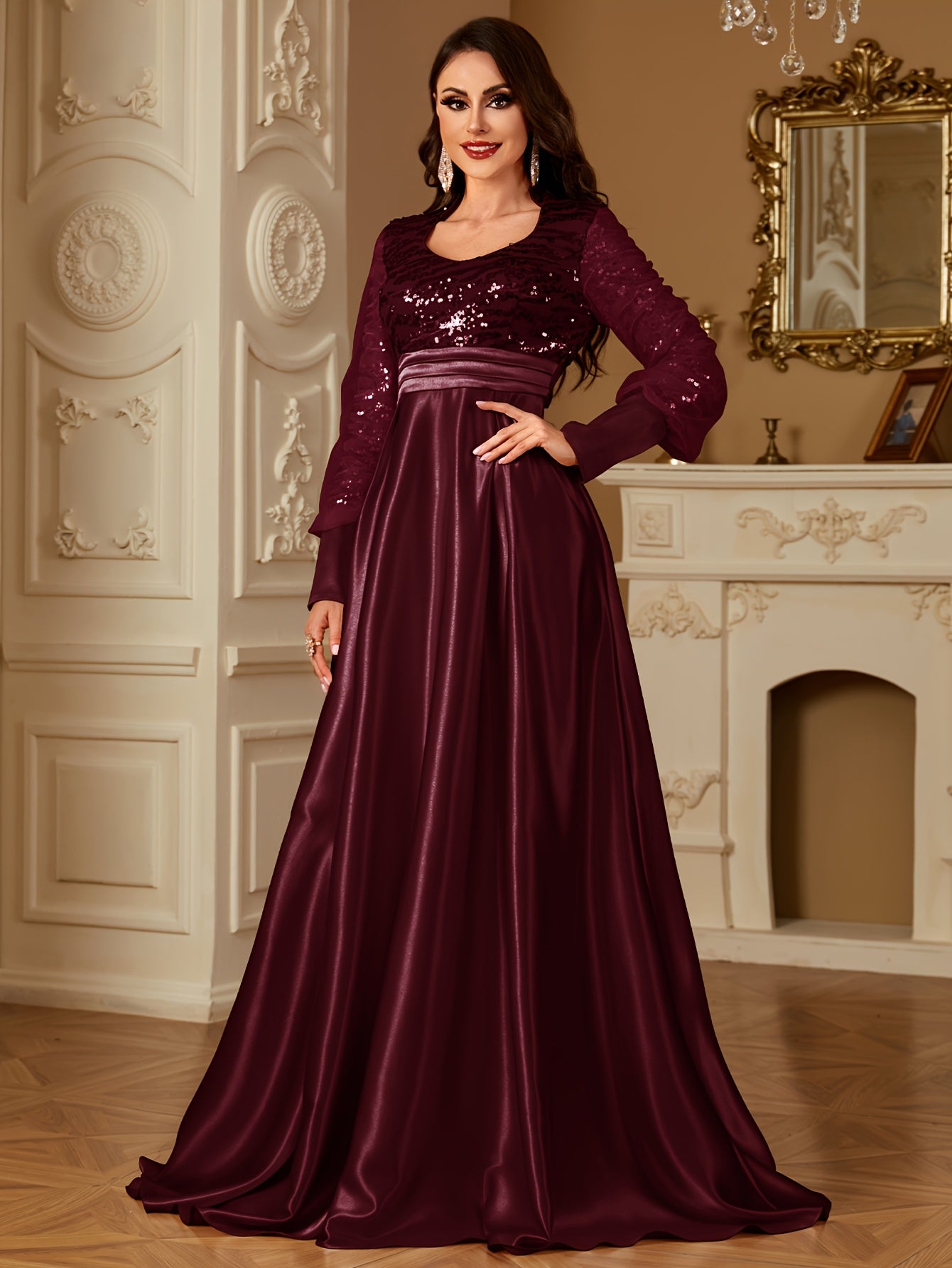 XUIBOL Women's Elegant Long Sleeve Satin Evening Gown - Waist-Cinching Slim Fit A-Line Dress with Sparkling Pearl & Sequin Embellishments, Round Neck Floor-Length Formal Party Dress for Weddings & Galas - Daisan Mart