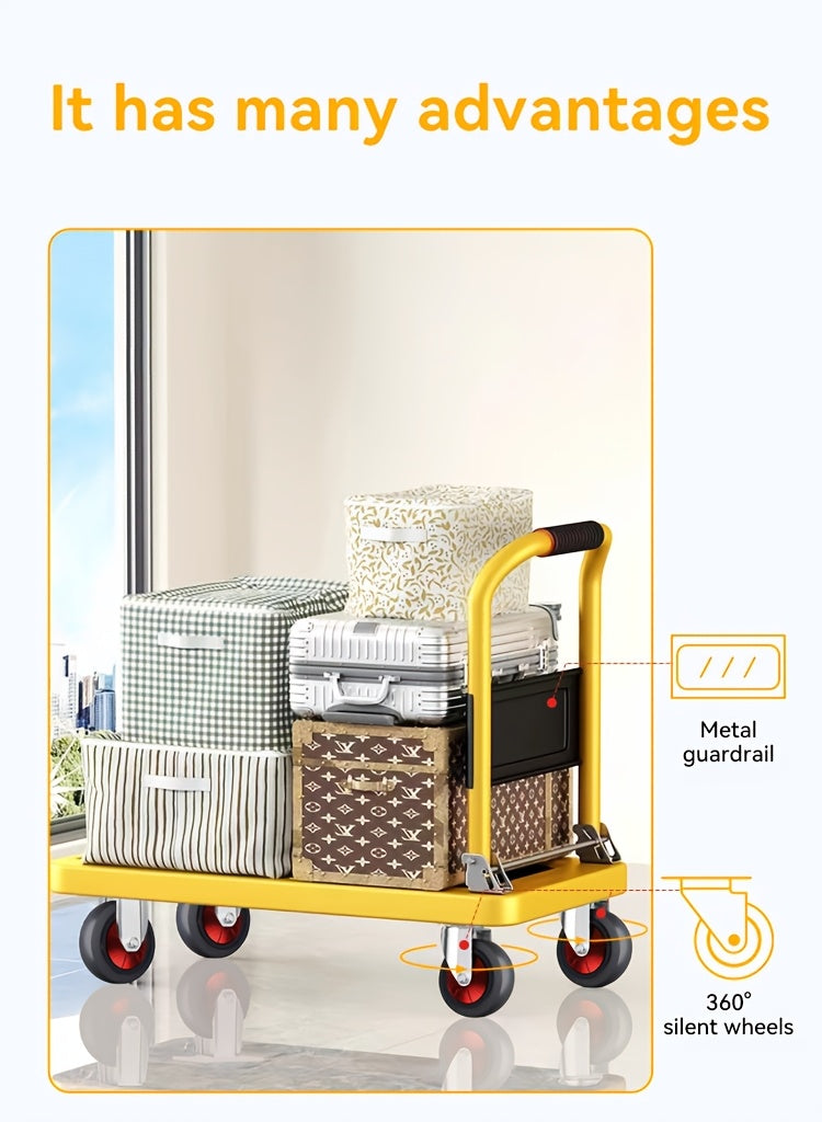 A Foldable Platform Hand Truck With High Load-bearing Capacity, Crafted From Carbon Steel, Features Two 360° Silent Swivel Wheels And Two Fixed Silent Wheels For Easy Transportation Of Boxes, Furniture, And Appliances. Ideal
