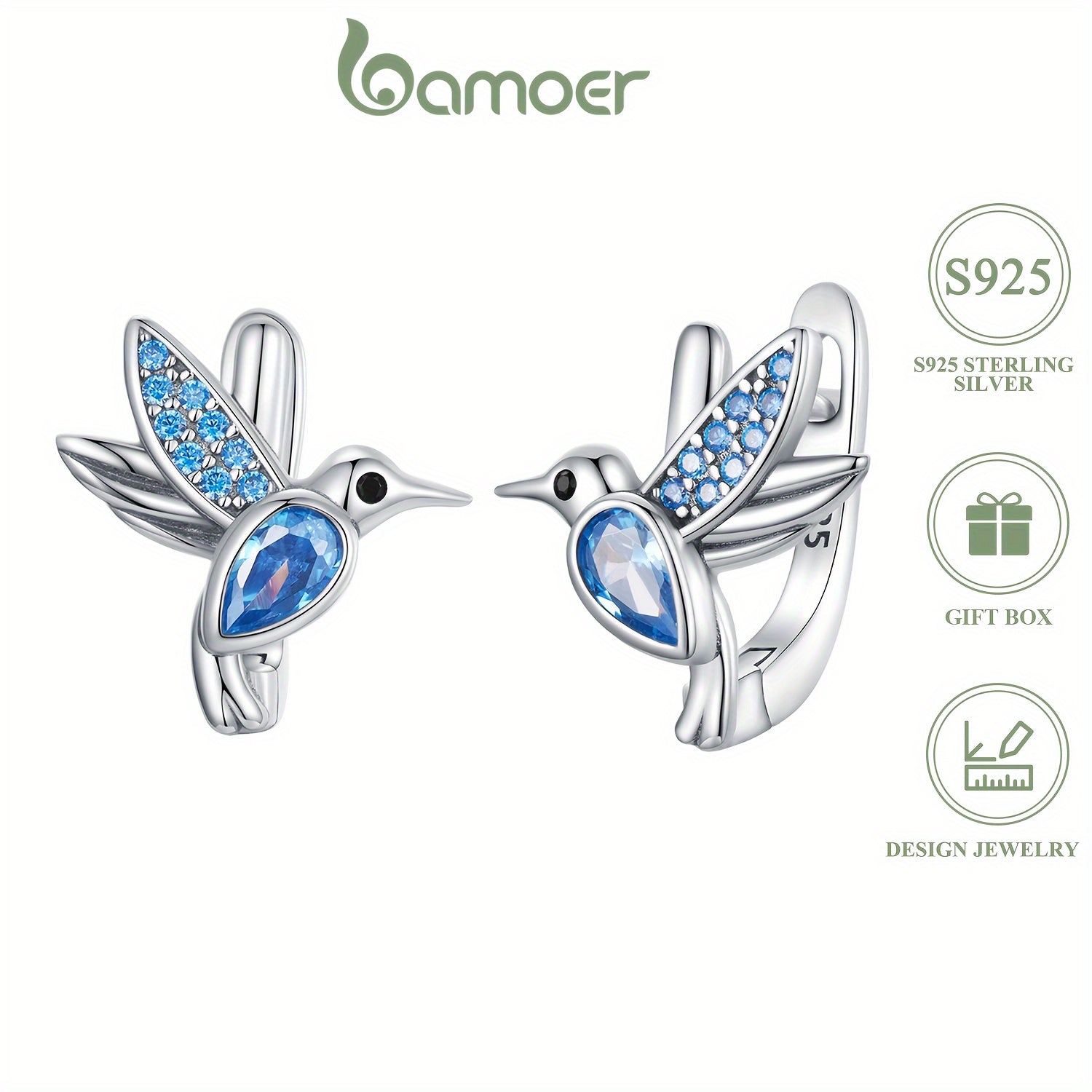 Elegant 925 Sterling Silver Hummingbird Earrings with Blue Stones