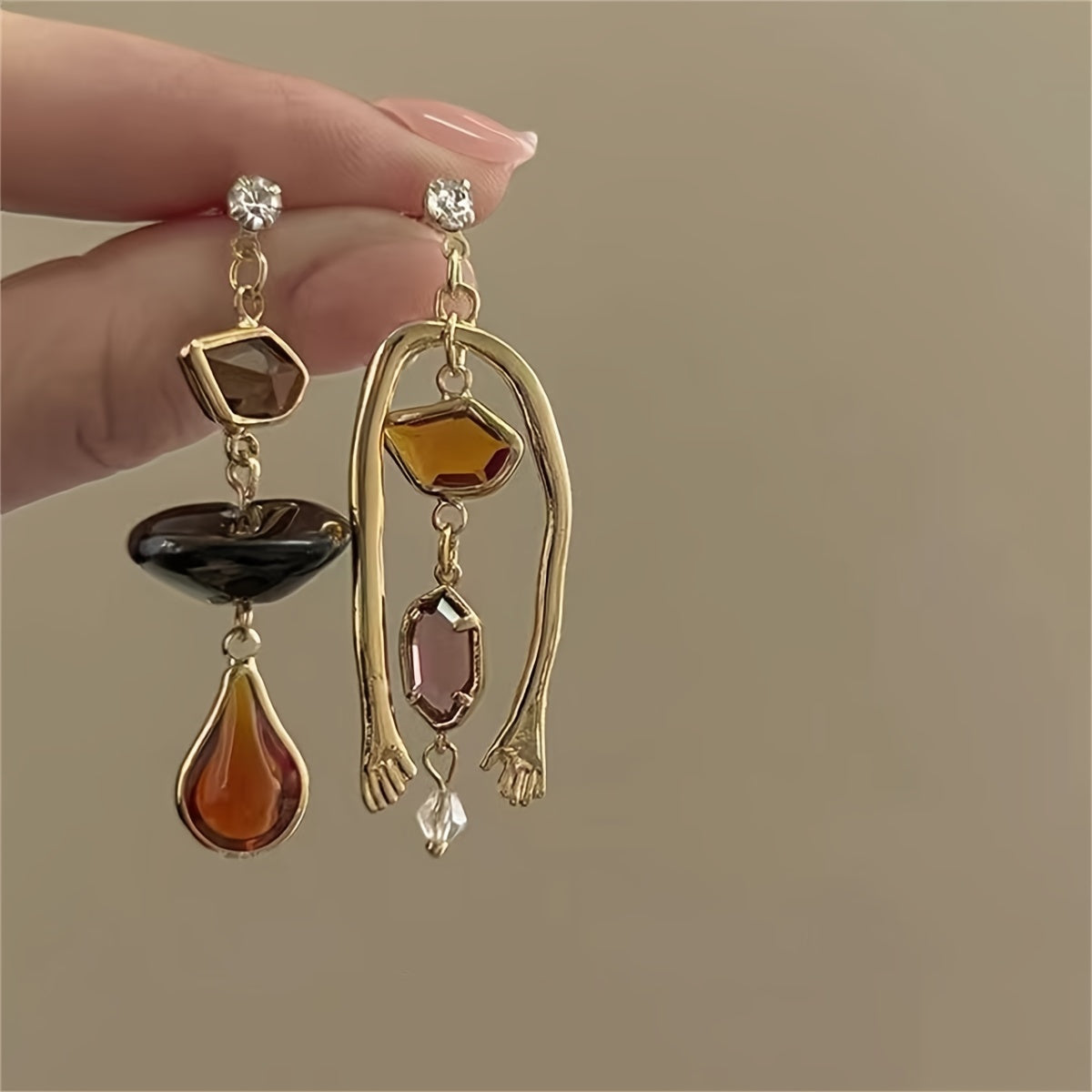 Elegant Asymmetrical Dangle Earrings for Women - Luxurious 14K Golden Plated Alloy with Synthetic Cubic Zirconia, Black & Orange Gemstone Accents, Chic Statement Jewelry for Daily Wear or Gifting, Gift Jewelry | Asymmetrical