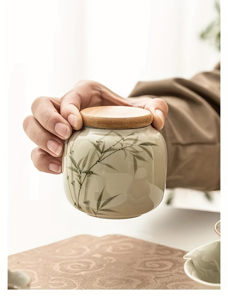 [High-Grade Pu'Er Green Tea Jar] Emerald Green Asparagus Fern Tea Jar Sealed Jar Ceramic Tea Container Moisture-Proof Chinese High-Grade Pu'Er Green Tea Warehouse