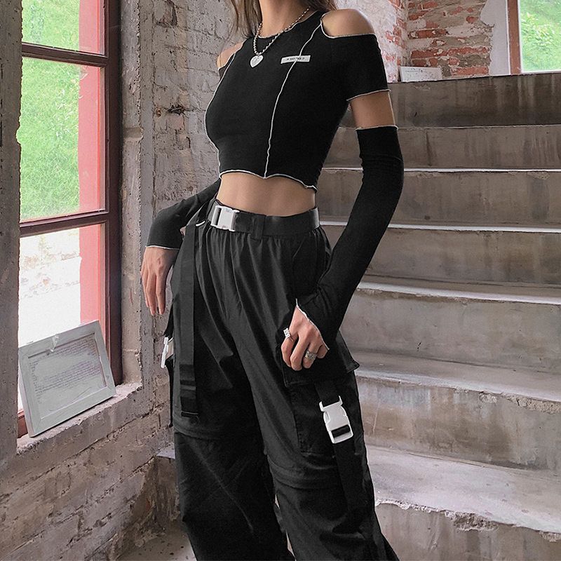 Off Shoulder Hollow Crew Neck T-shirt, Casual Loose Long Sleeve Fashion Summer Slim Bottoming T-Shirts Tops, Women's Clothing - Daisan Mart