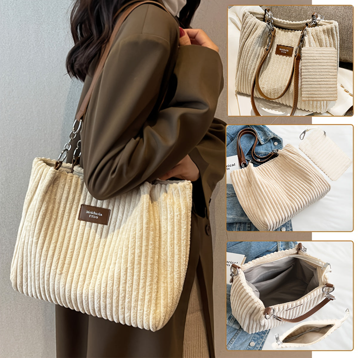 Perfect Lily Women's 2pcs Corduroy Tote & Handbag Set - Elegant Large Capacity Handbags with Zipper Closure, Fixed Strap & Polyester Lining, Beige/White/Green/Black, Versatile for Daily Commute, Work, Shopping - Durable Cordu - Daisan Mart