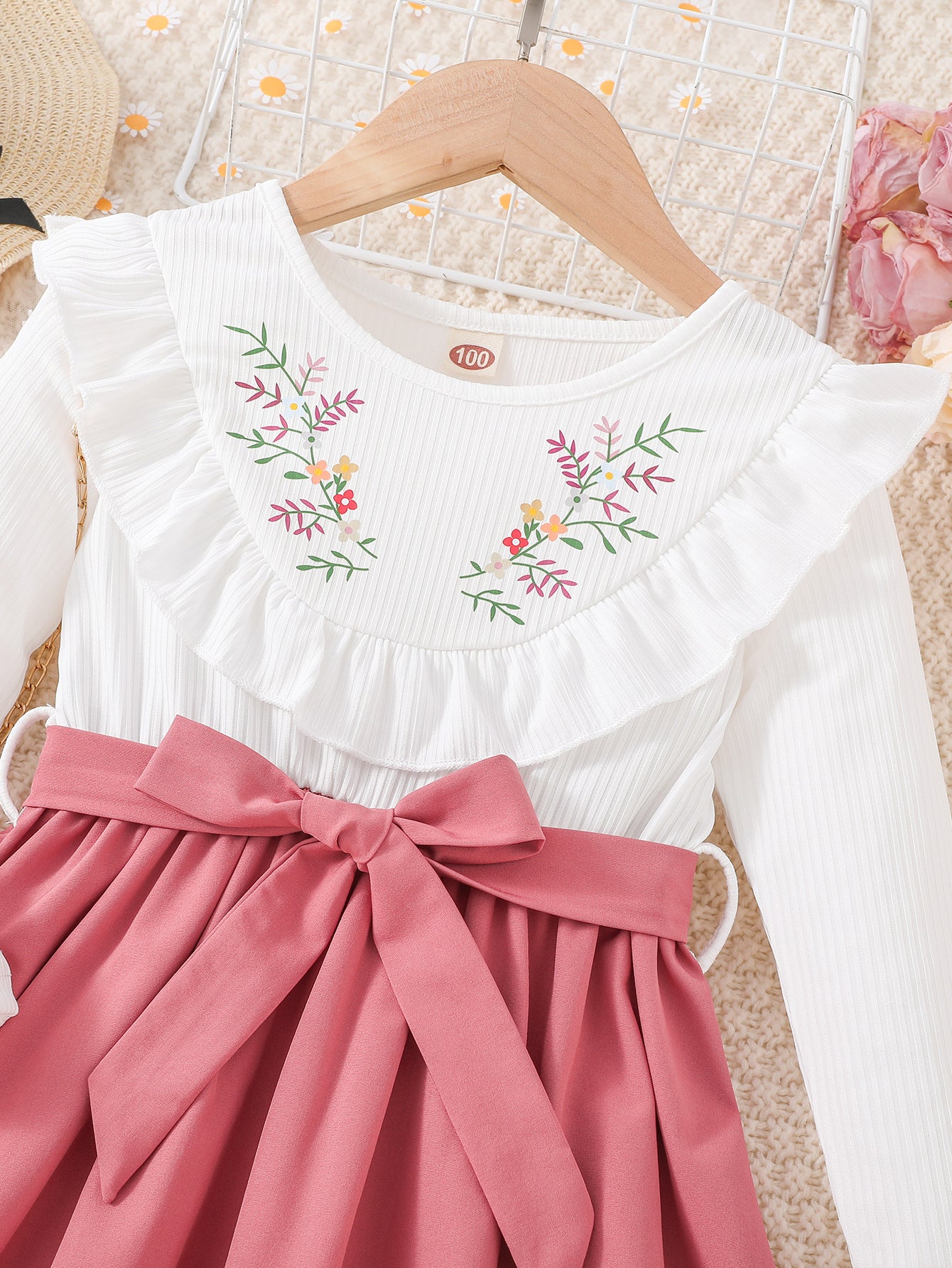 Baby Girl's Long Sleeve Floral Dress with Belt - Gentle Spring and Autumn