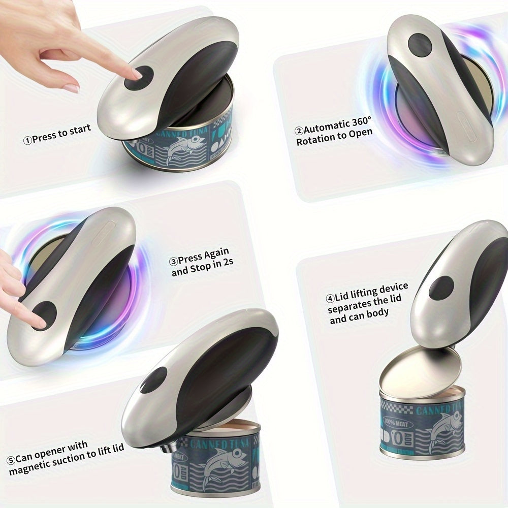 Máy mở hộp tự động màu bạc đen, mở nắp hộp thiếc với thao tác ấn nút, xoay 360 độ.