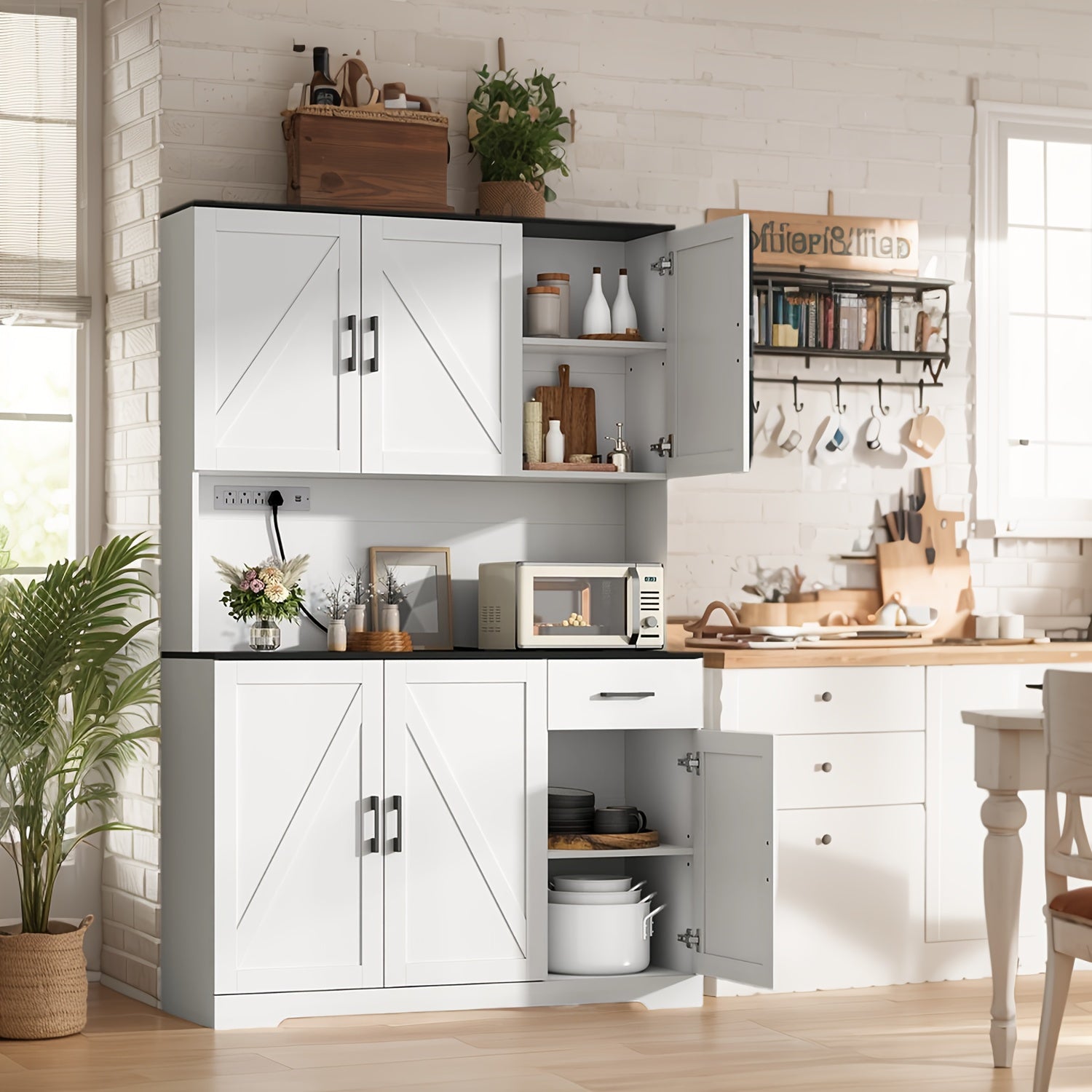 Rustic Wood Kitchen Cabinet 6 Doors, 4 Shelves, With Outlet 71 inch