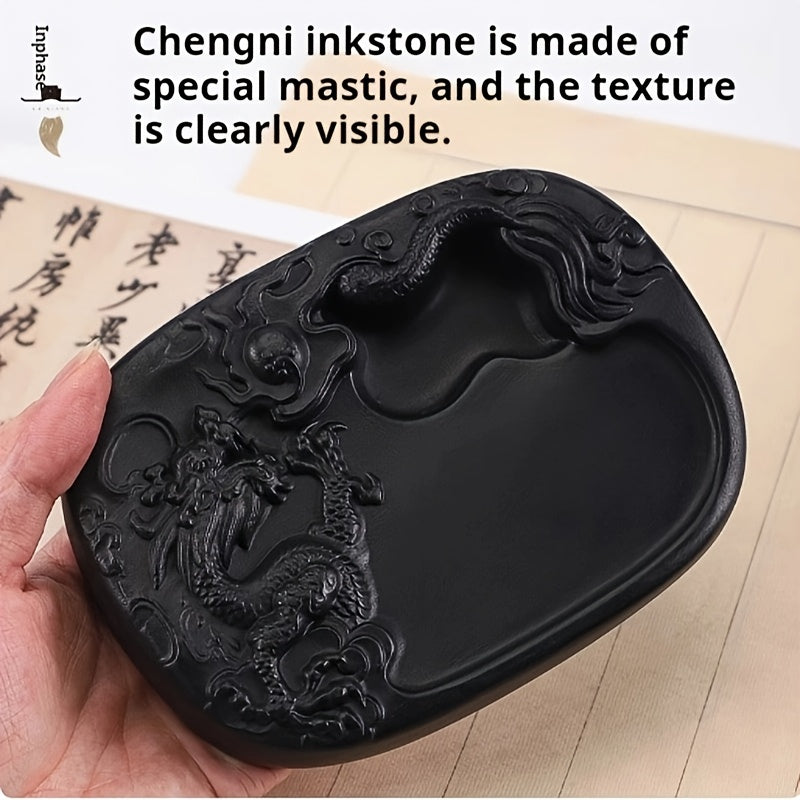 Chengni Inkstone Dragon-Carved Seal Platform - Elegant Black Oval Stone with Detailed Dragon and Cloud Design, Ideal for Traditional Chinese Calligraphy and Painting Supplies, Artistic Inkstone Platform|Dragon Motif Design|Sm